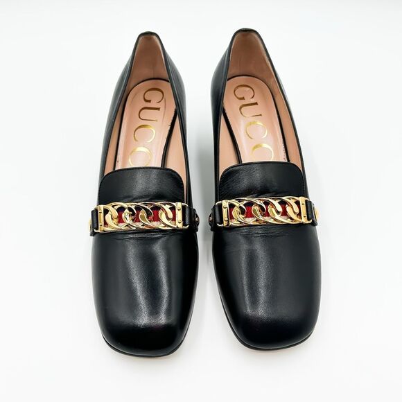 Gucci Heels Sylvie Pumps Black Loafers 55 Block Web Heel Chain 39.5, US 9.5 - Picture 3 of 14